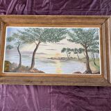 Vintage seascape painting at sunset, signed Marcki
