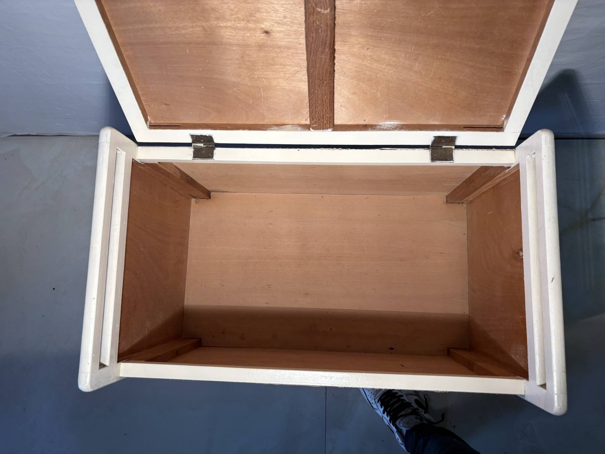 Vintage upholstered chest, white lacquered wooden structure, 1960s-70s