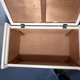 Vintage upholstered chest, white lacquered wooden structure, 1960s-70s