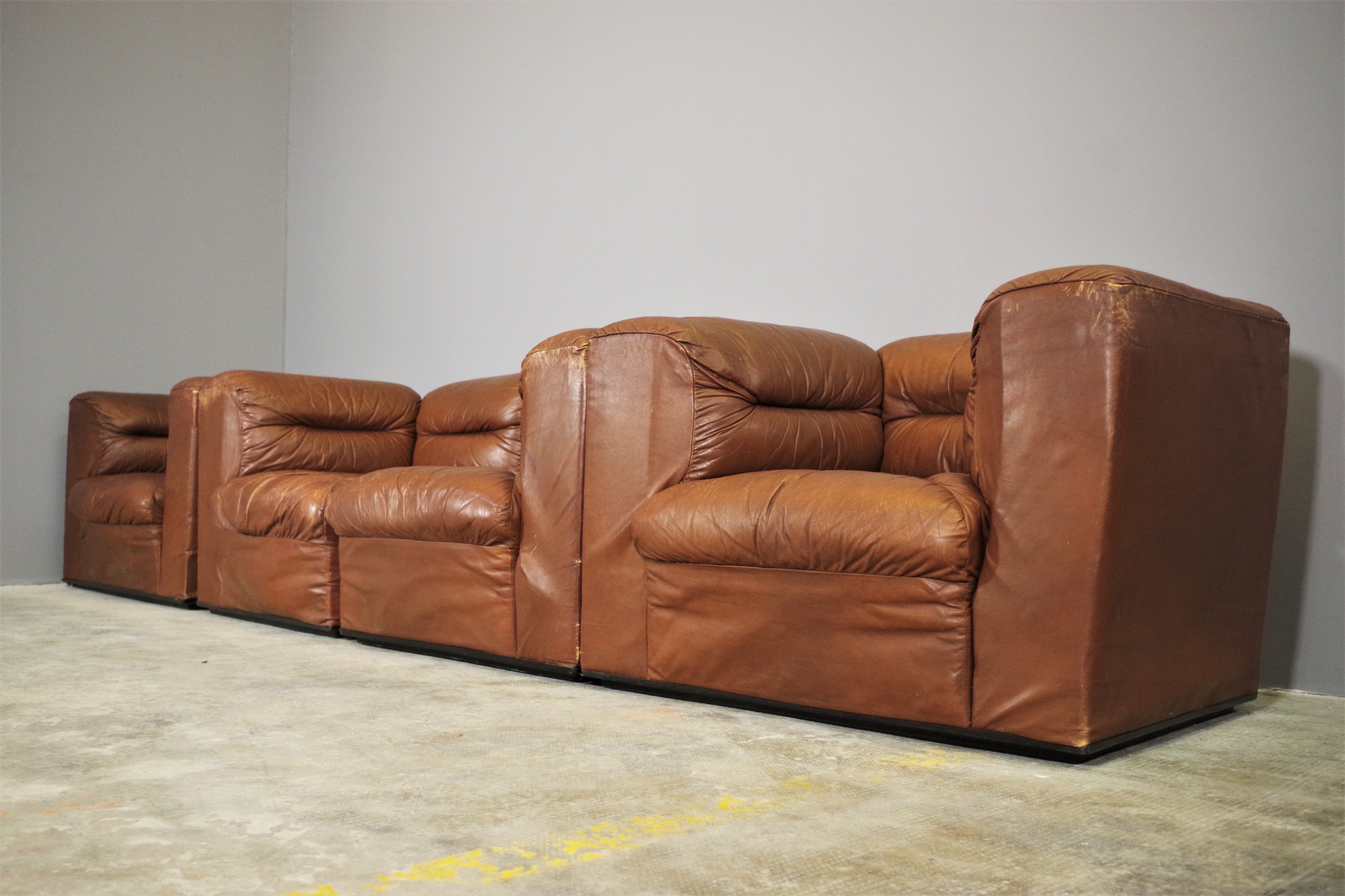 Cognac leather armchairs by BL Arredamenti, 1970s, set of 4