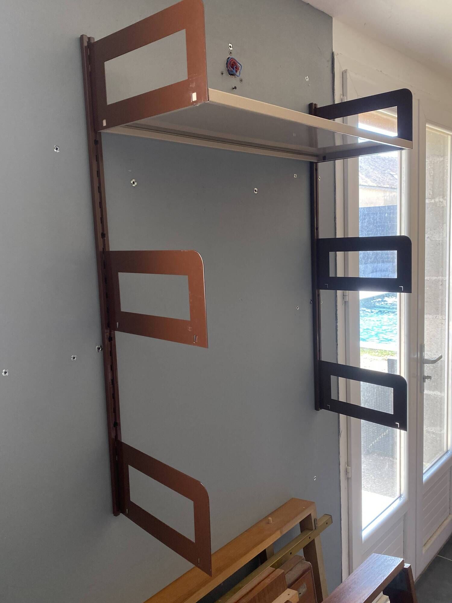 Modular metal wall shelf in brown and beige vintage 70s design.