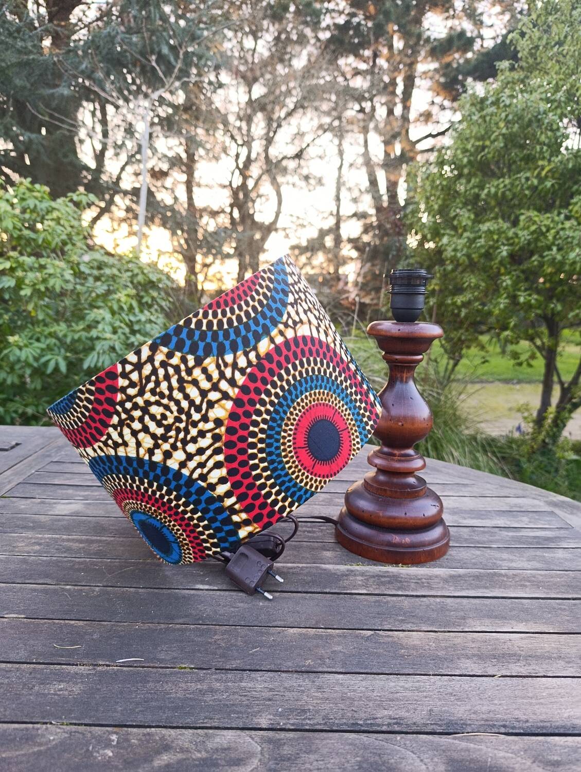 rustic chic solid wood lamp, ethnic wax lampshade with circles