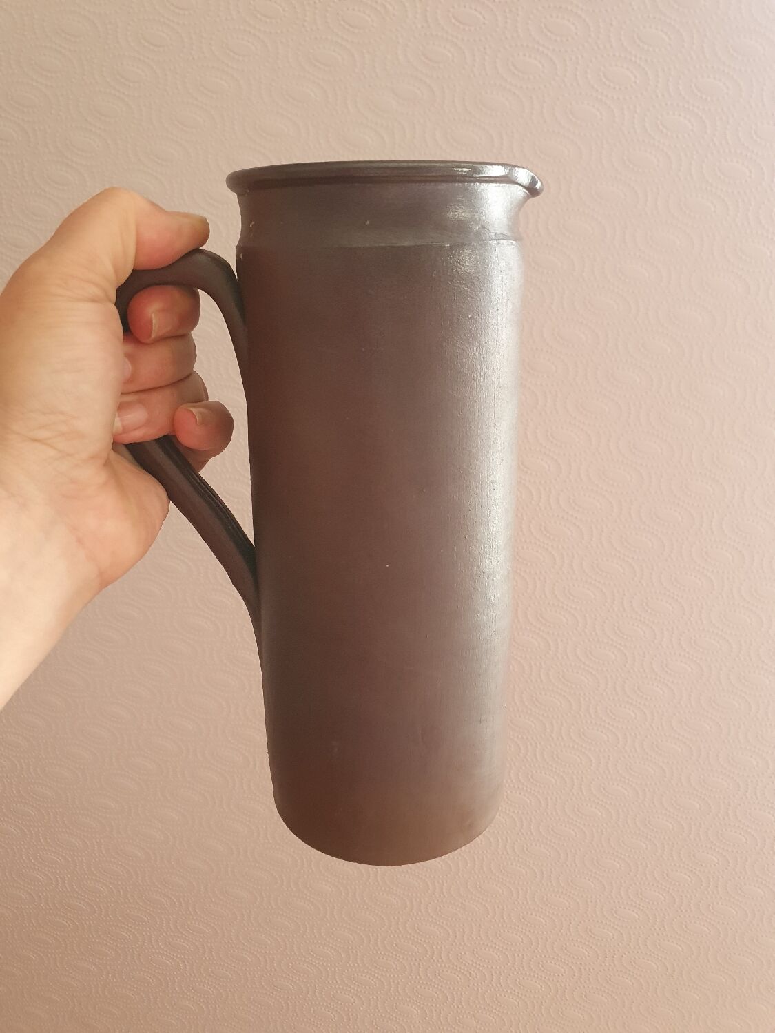 Vintage enameled stoneware pitcher signed