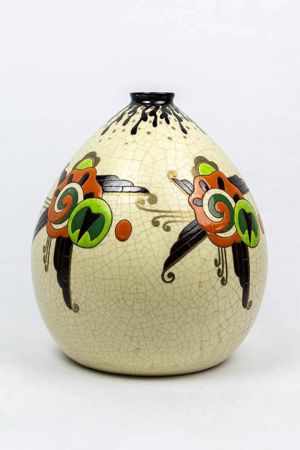 Art Deco vase Orchies, enamels on crackled background, stylised flowers