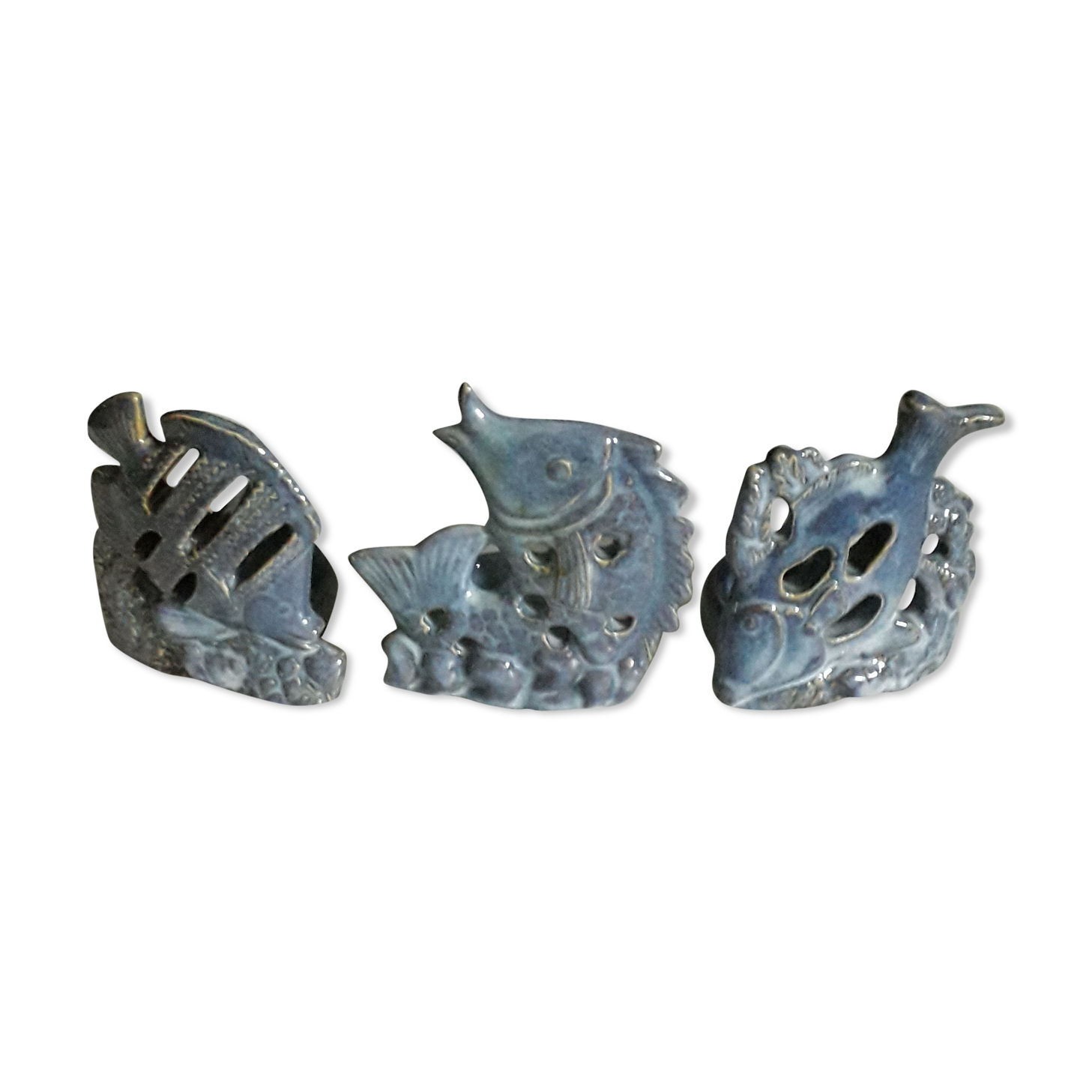 Set of 3 candle holders in glazed ceramic gray blue, shape "fish".