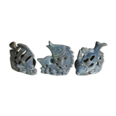 Set of 3 candle holders in glazed ceramic gray blue, shape "fish".