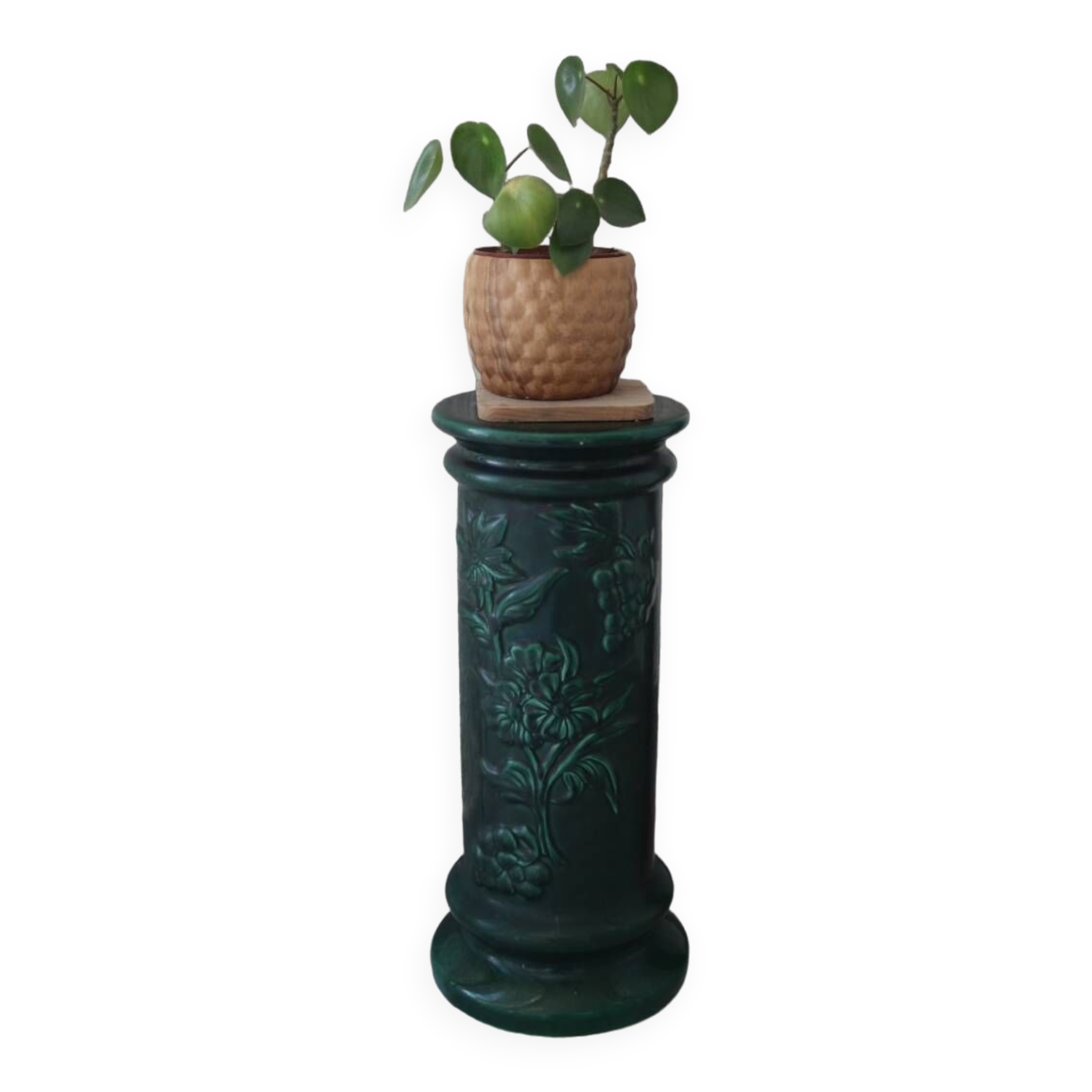 Pedestal column in green ceramic with flower and fruit decoration