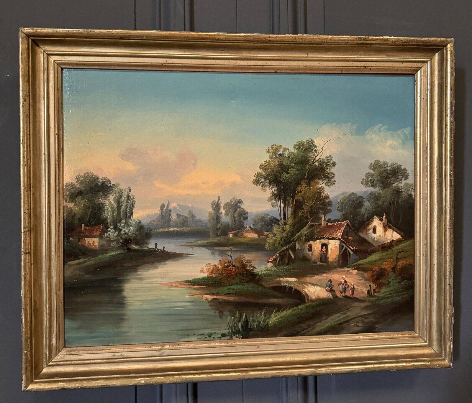 Oil on canvas landscape on the edge of a river late 19th century