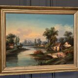 Oil on canvas landscape on the edge of a river late 19th century