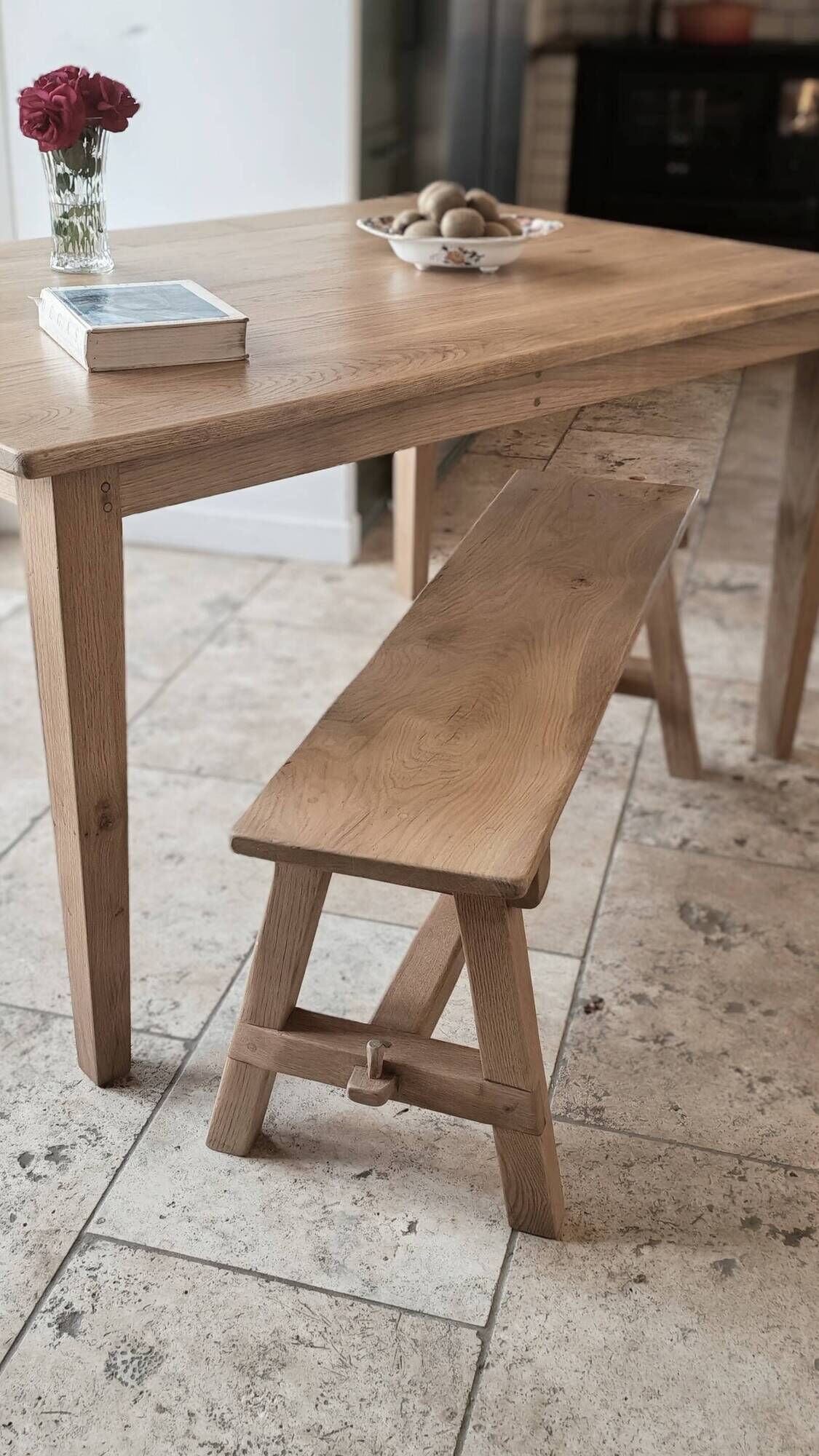 Farm table and bench ("A frame") in solid French oak.