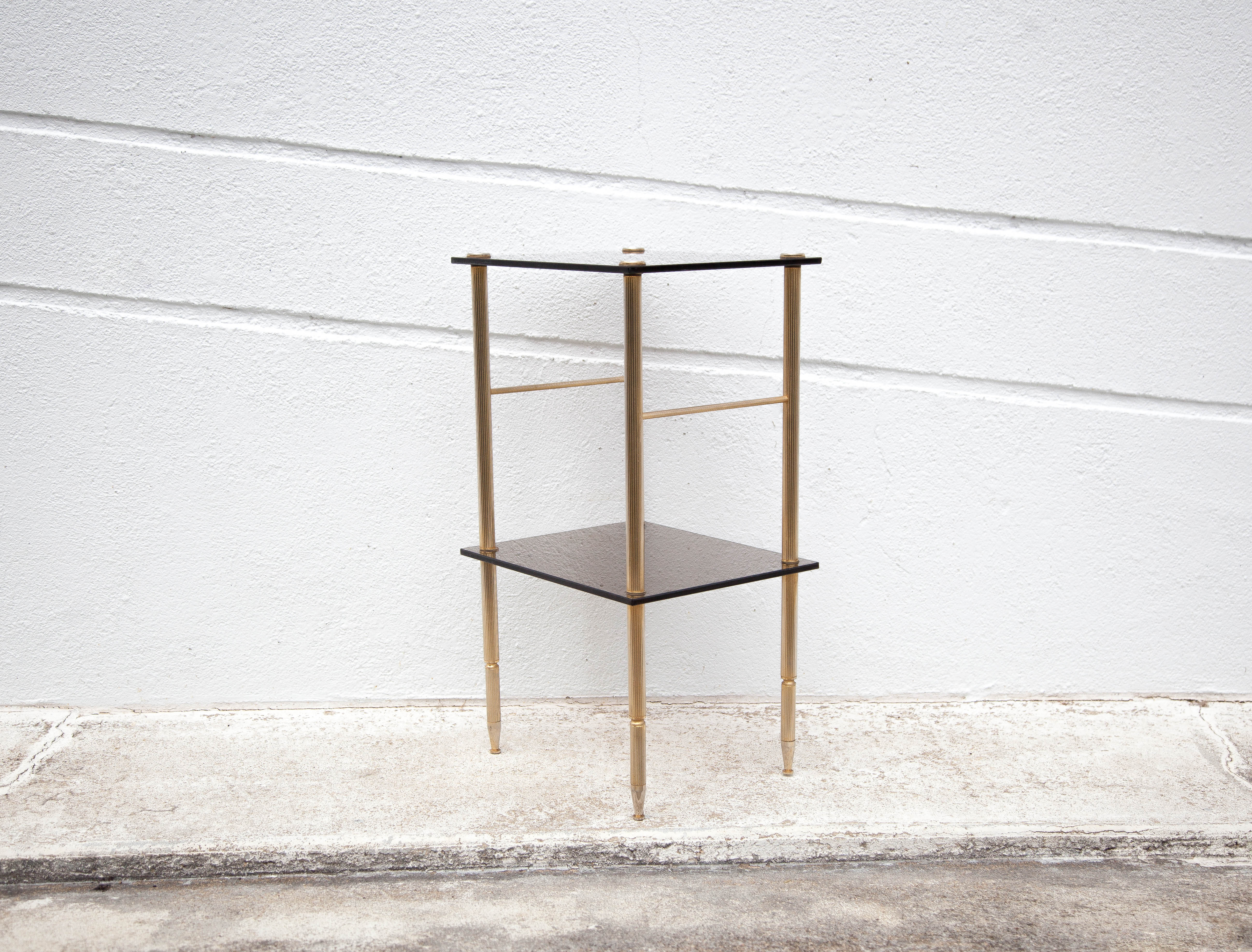 Vintage brass and smoked glass side table, pedestal table, bedside table, end table