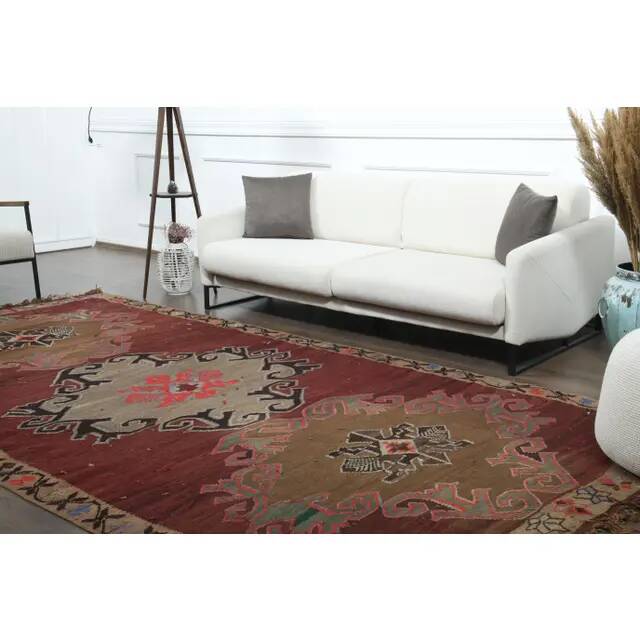 1970s Vintage Turkish Oushak Handmade Wool Cotton Red Area Rug 190x375