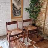 Chaises de salle à manger rustiques en teck et jonc de style français du milieu du siècle (x6)