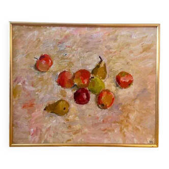 Original Swedish oil on canvas – “Frukt” by Bente Bjerregaard – dated 1989 – vintage & framed 59 × 70 cm