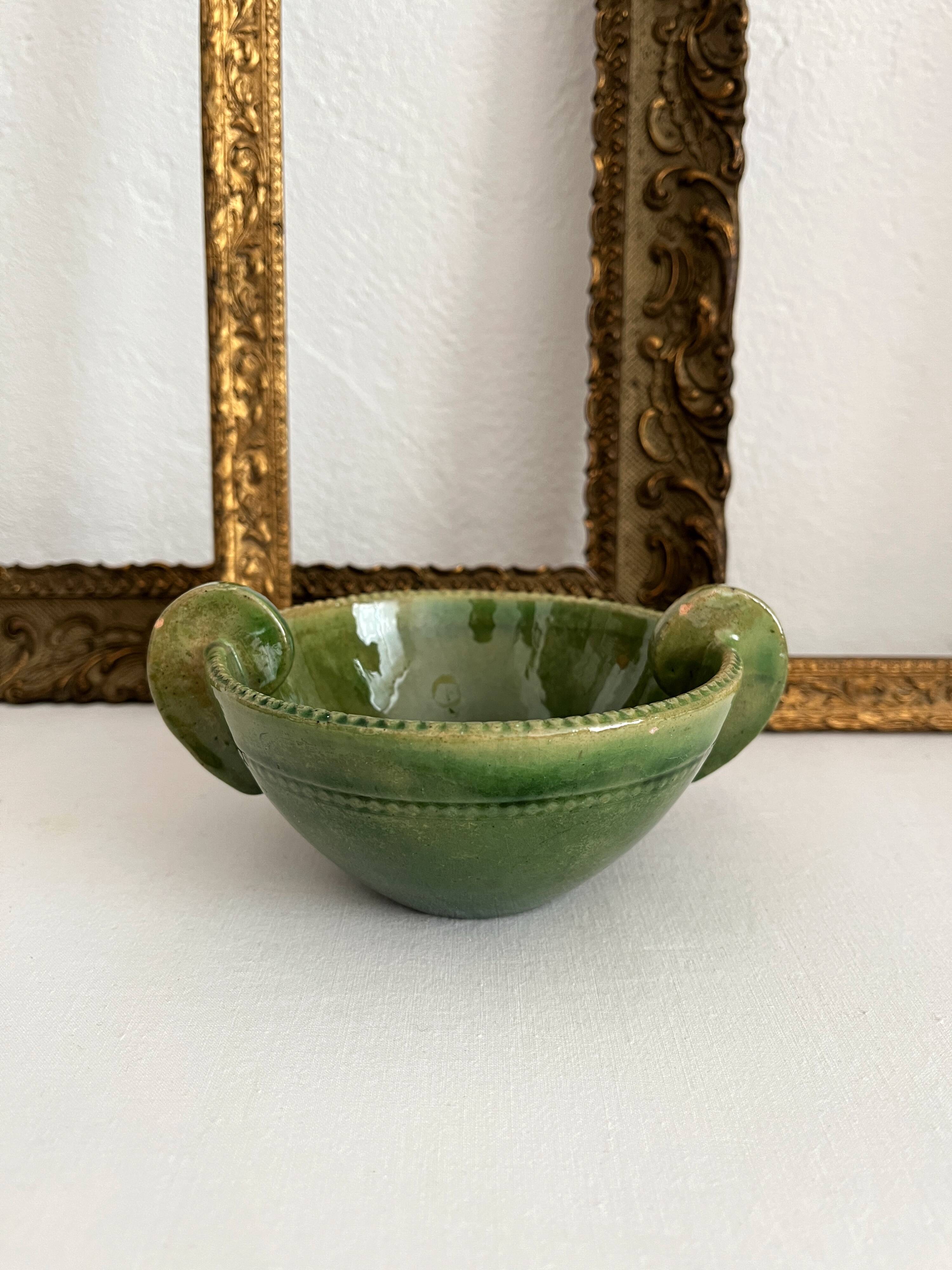 Antique green glazed ceramic bowl with handles, Tamegroute type