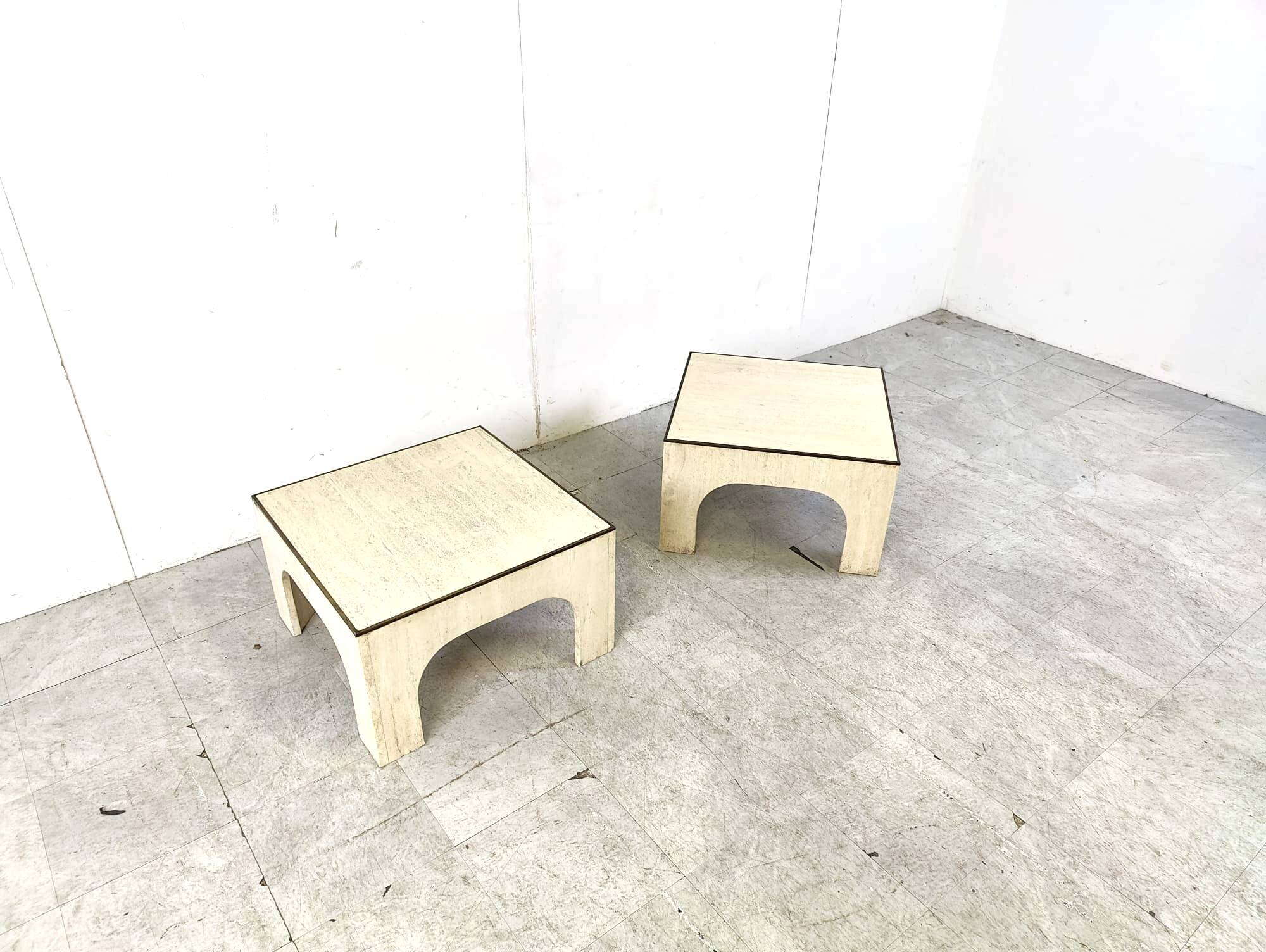Pair of travertine and brass coffee tables, 1970s