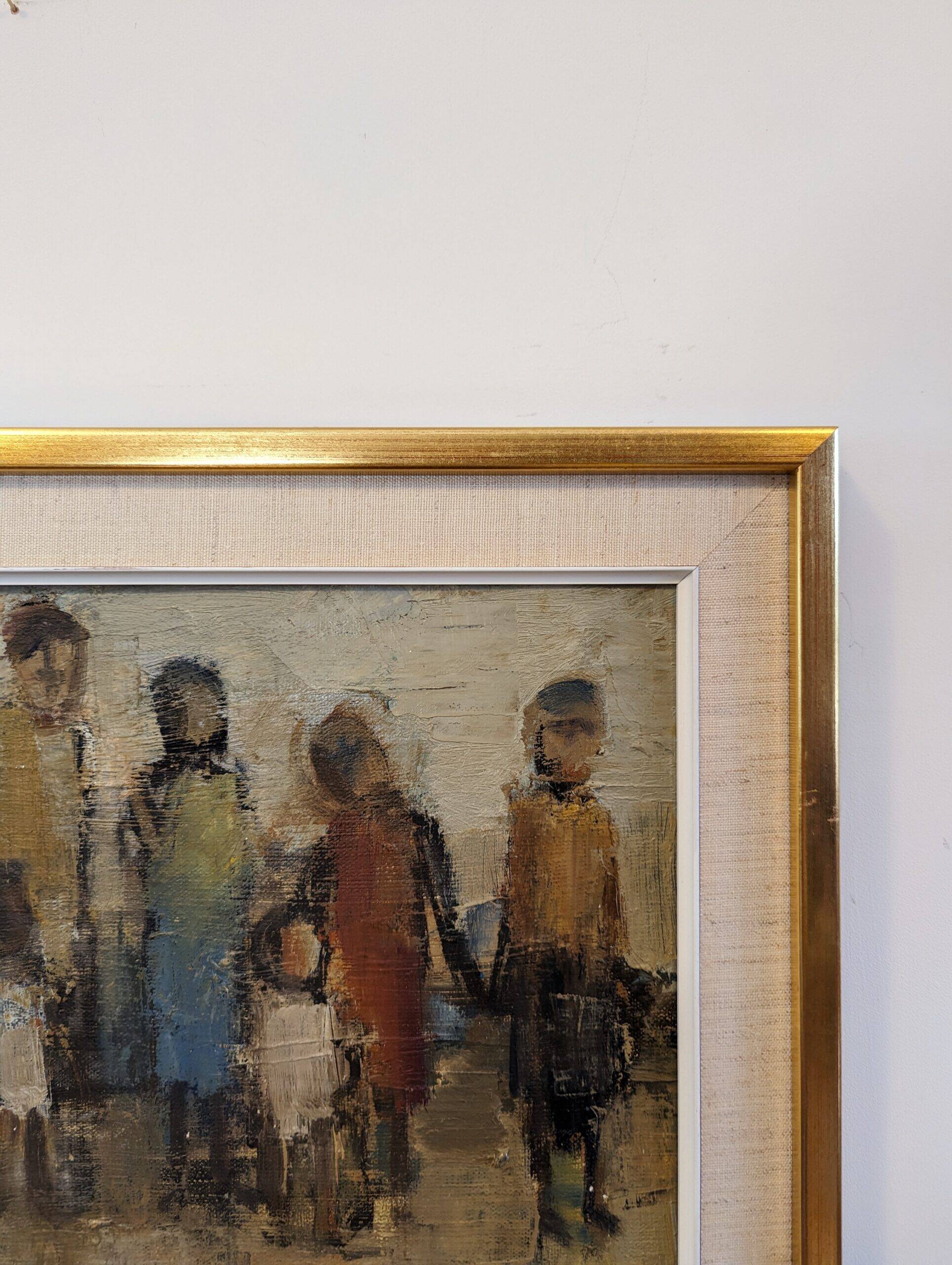 Mid-Century Modern Swedish "Assemble", Vintage Figurative Oil Painting, Framed