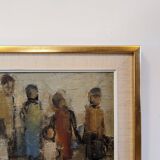 Mid-Century Modern Swedish "Assemble", Vintage Figurative Oil Painting, Framed