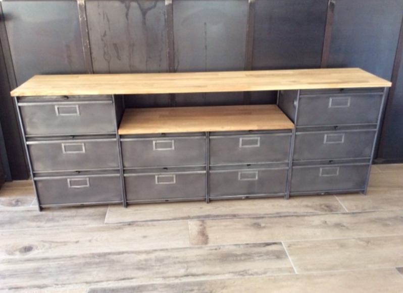 Industrial tv stand with roneo wood valves