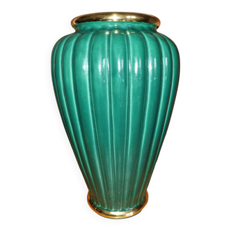 Green and Golden Lancel vase with gadroons 70s - 80s