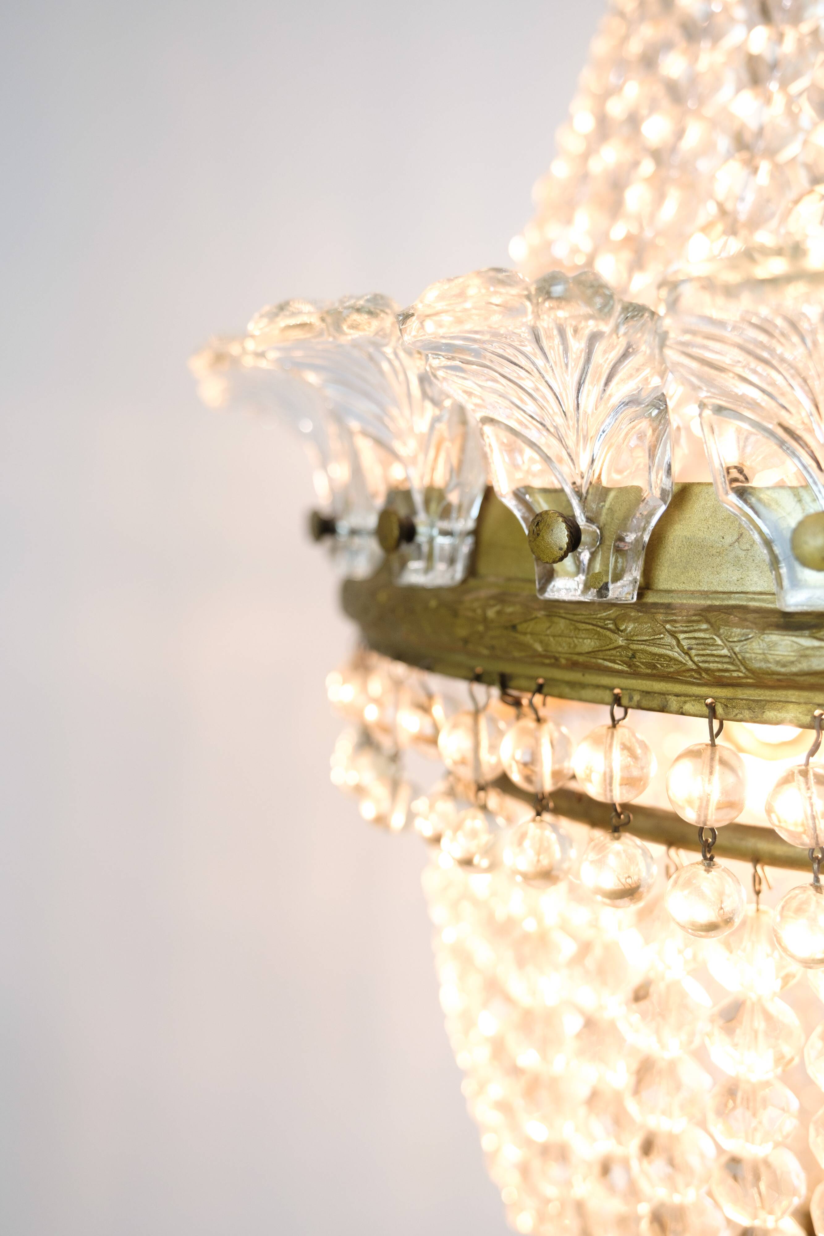 Antique Prism Chandelier Decorated In Brass, Bronze & Crystals From 1890s