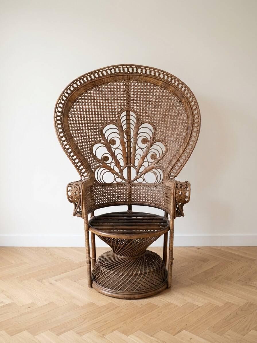 Vintage Emmanuelle armchair in woven rattan from the 1970s.