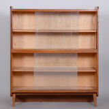 Restored midcentury oak bookcase, glass doors, revived polish, czechia, 1950s