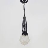 Chandelier, Art Deco suspension in wrought iron and star globe in glass paste.