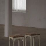 A pair of antique Danish stools, seats in lambswool, late 19th century.