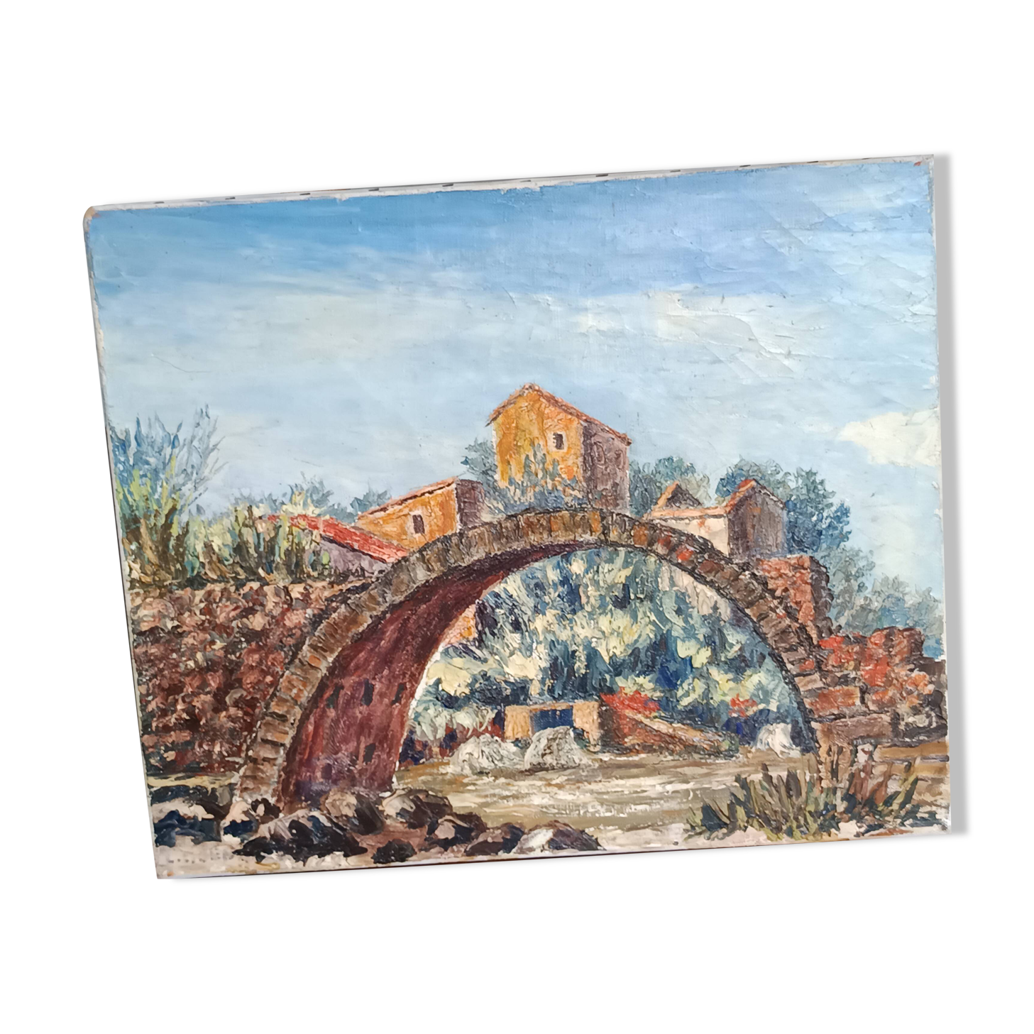 Oil on canvas Provencal bridge signed Louis Charles Benazeth 20th century