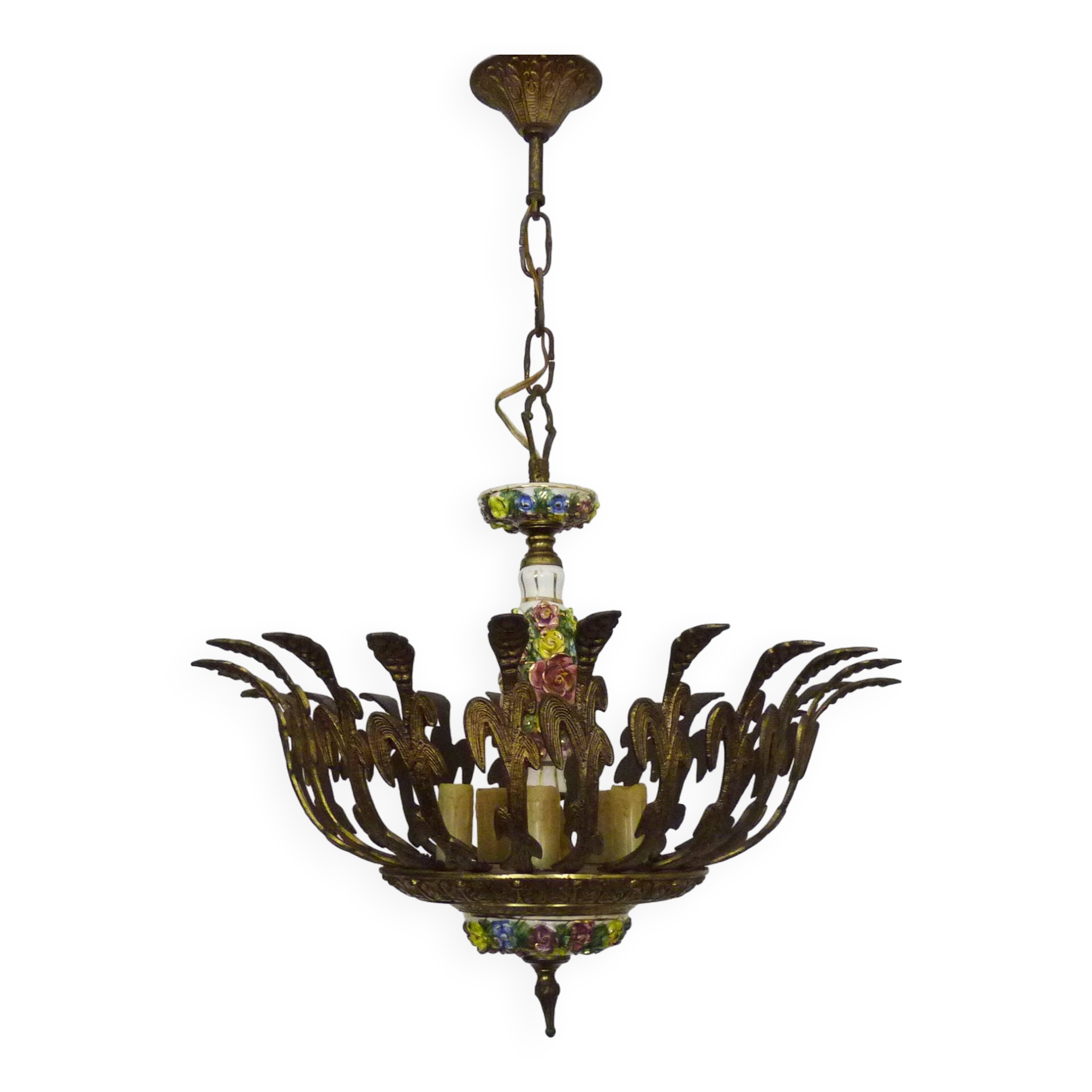Half-basket chandelier with 5 lights in bronze and Spanish ceramic. 1960s