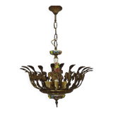 Half-basket chandelier with 5 lights in bronze and Spanish ceramic. 1960s