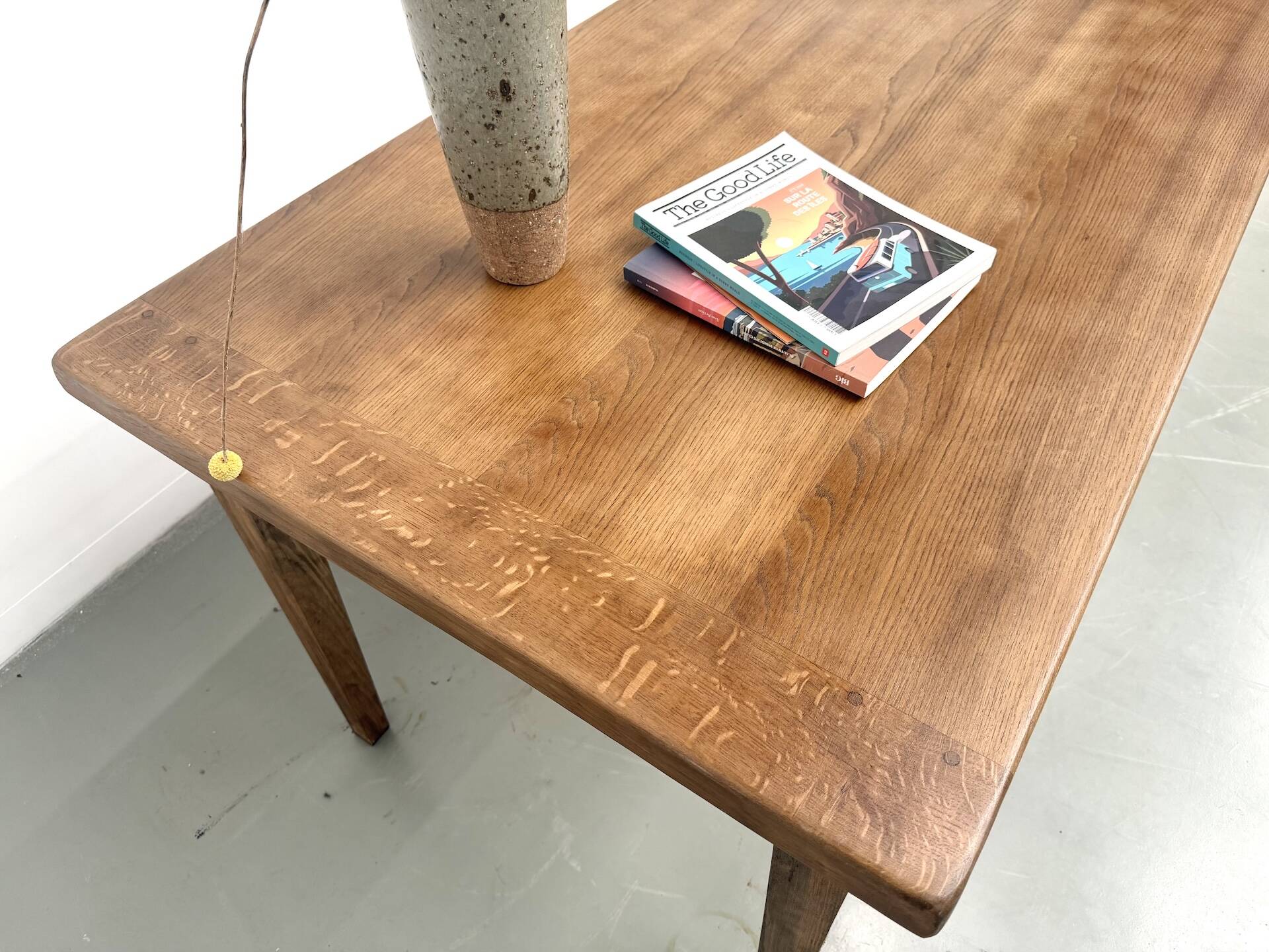 Farm table, solid oak top with dowel joints.