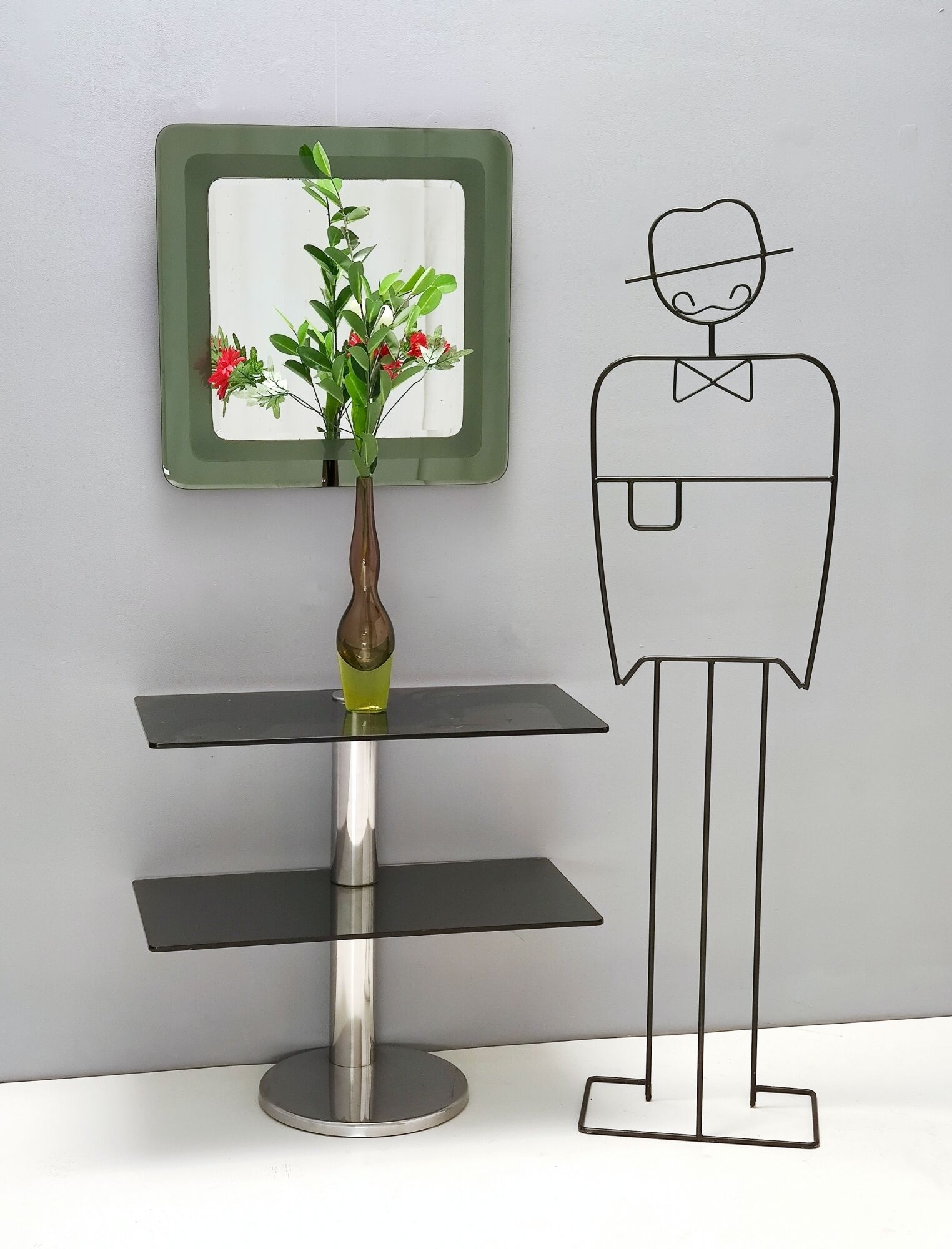 Postmodern square wall mirror with an army green beveled glass frame, Italy