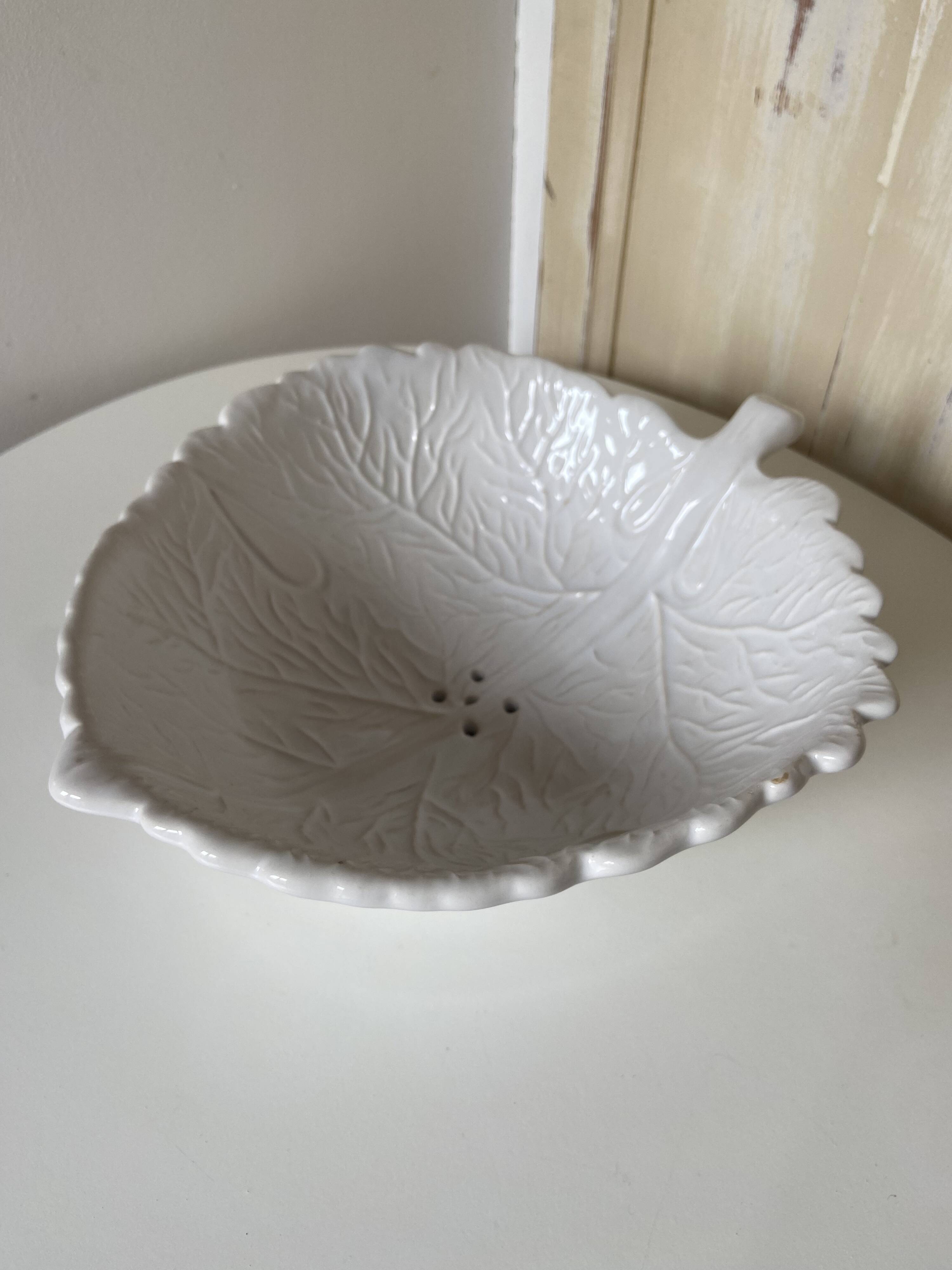 Barbotine Fruit Drainer And Its Plate In The Shape Of A White Cabbage Leaf