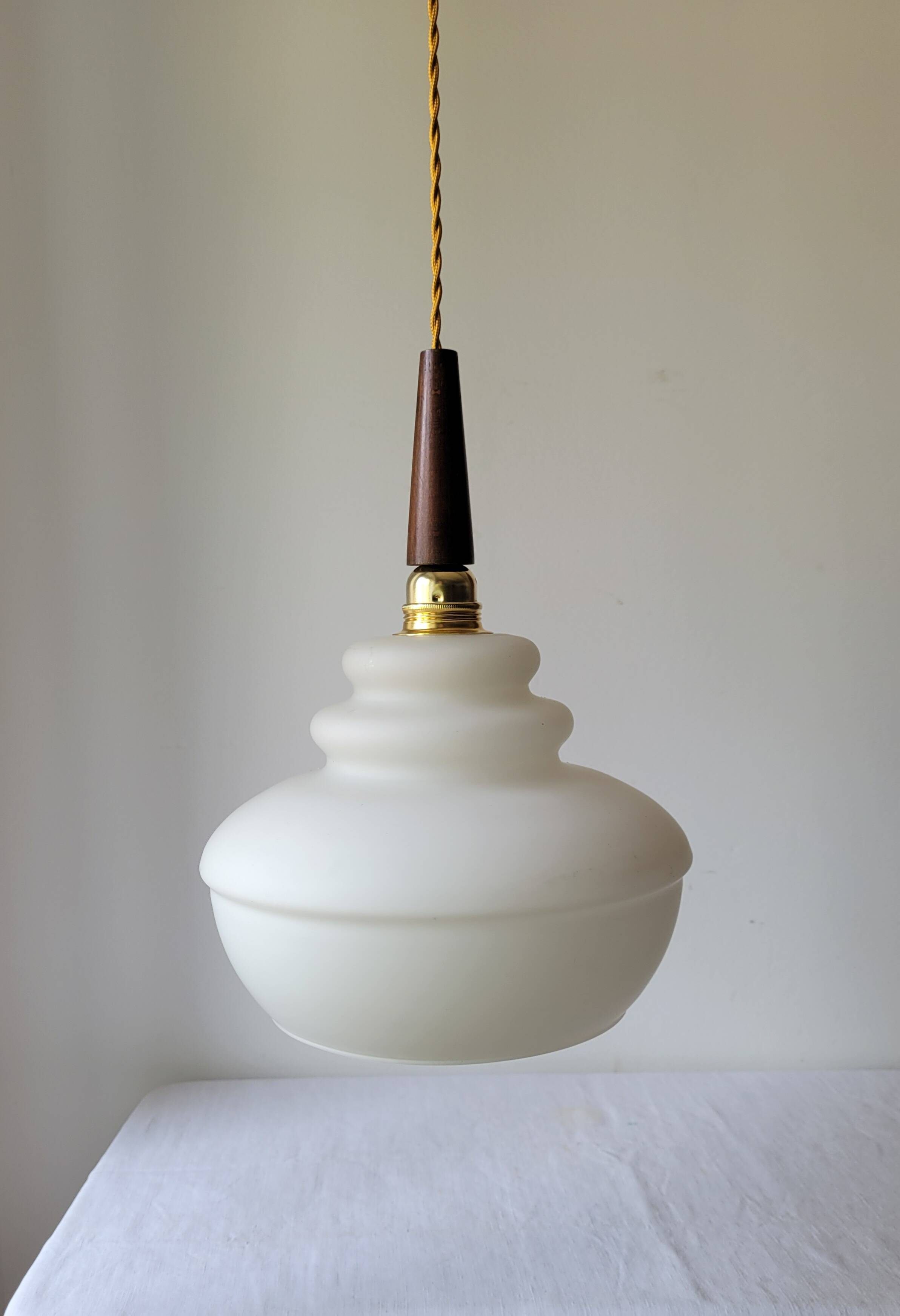 Opaline and teak pendant light
