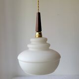Opaline and teak pendant light