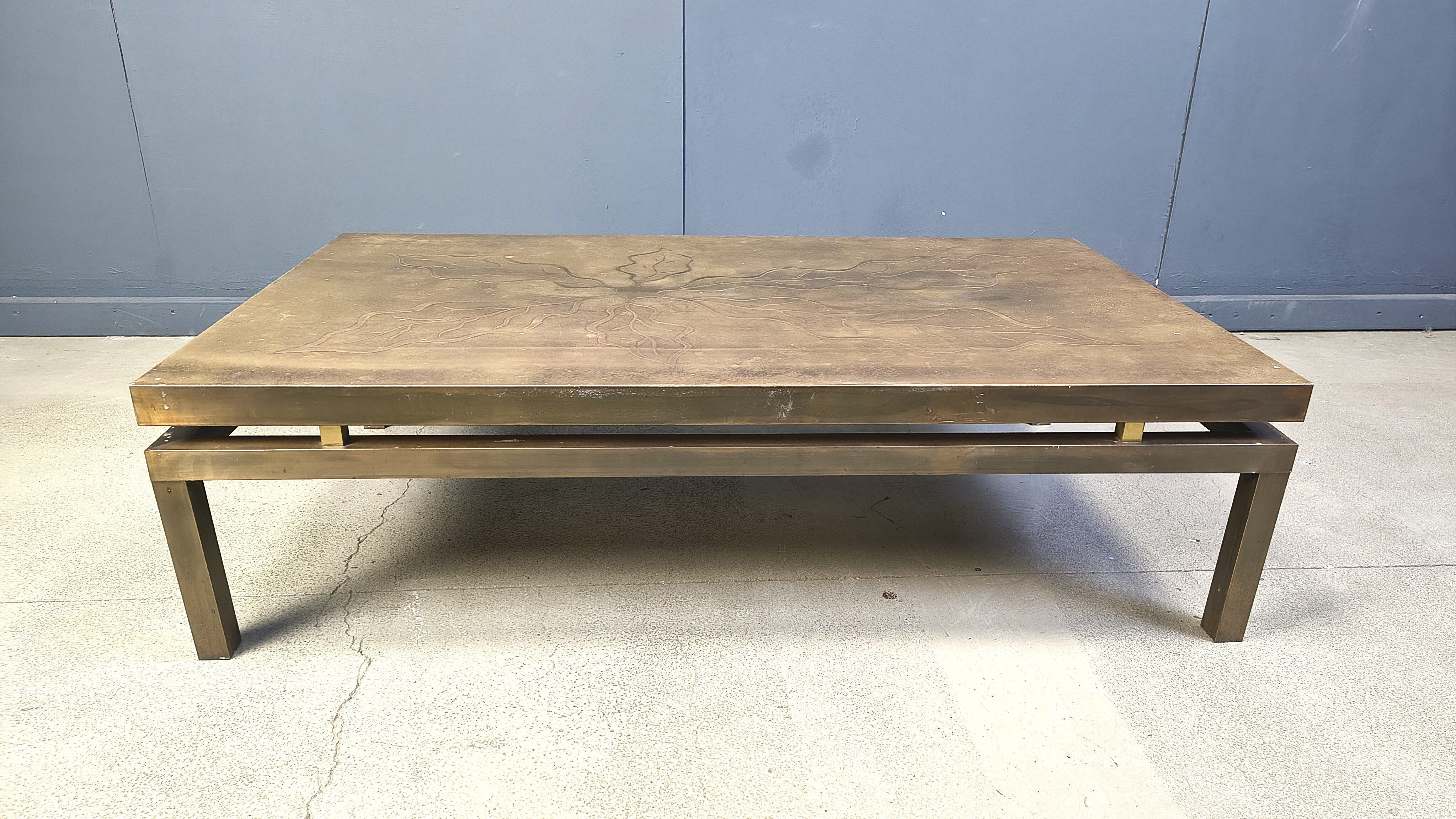 Vintage etched brass coffee table signed by Willy Daro, 1970s