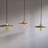 Trio of large industrial suspensions in green enamelled sheet metal.