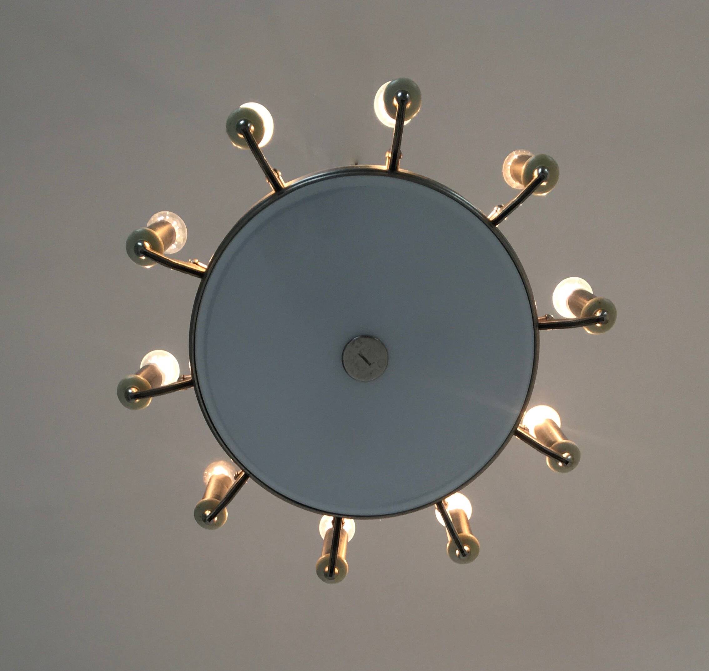 Art Deco 10-Light Round Varnished Metal Chandelier, Italy