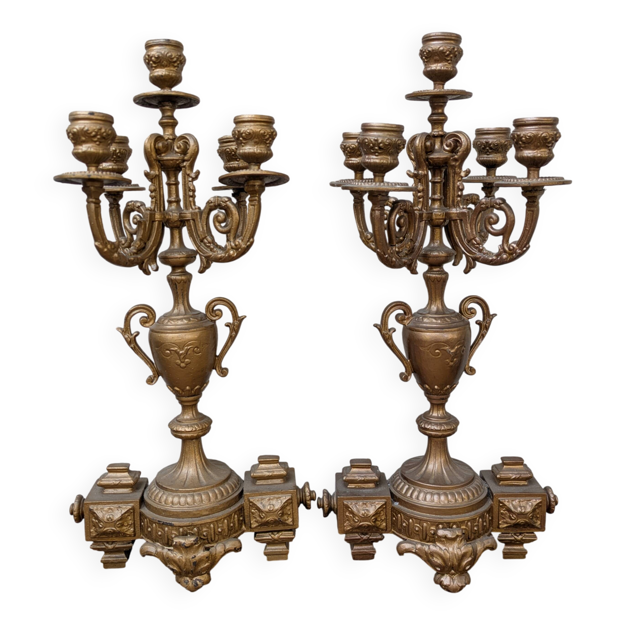 Pair of metal candelabra candle holders with 5 branches, 41cm