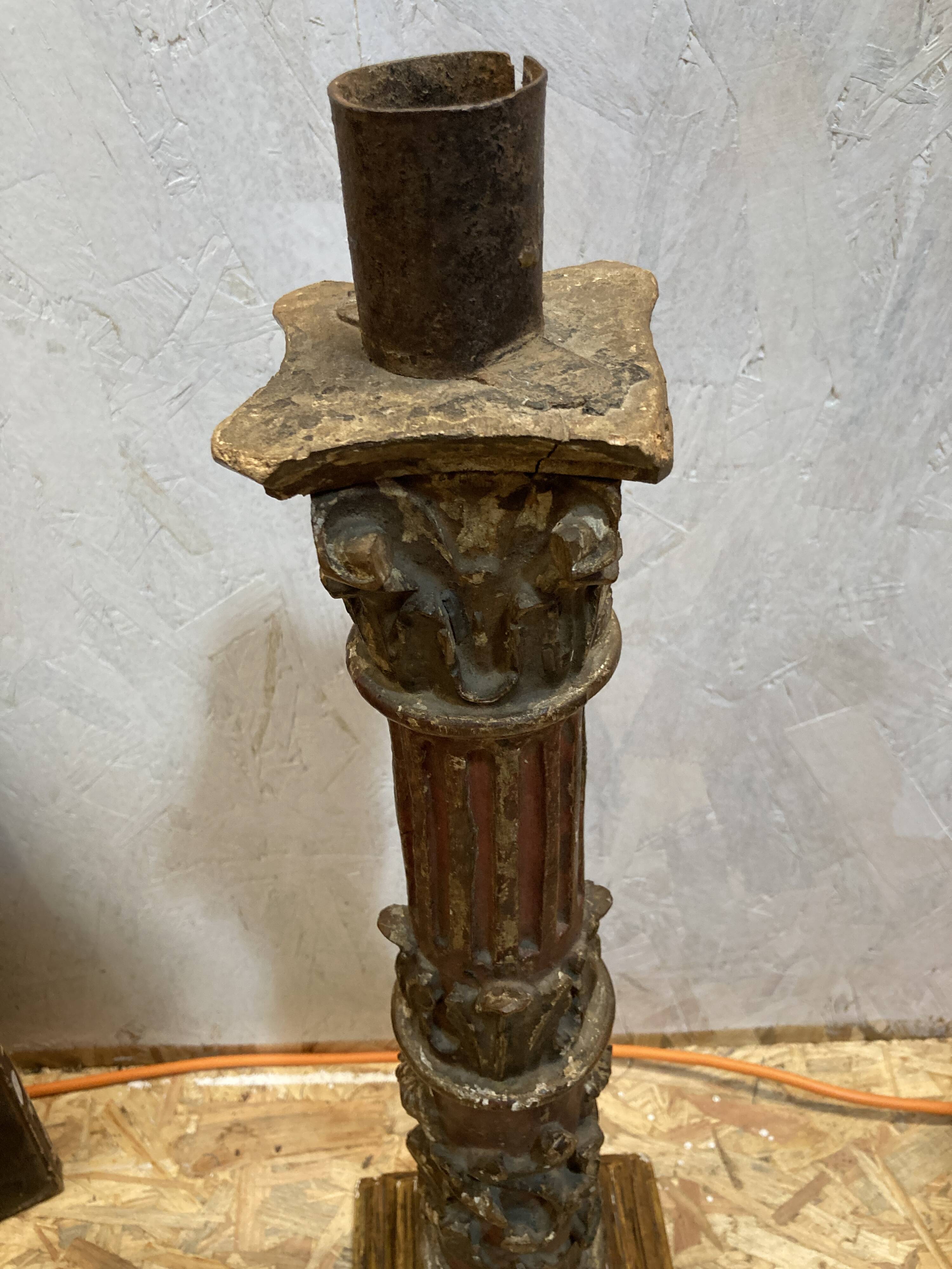 Large antique polychrome carved wooden candle holder - 18th century