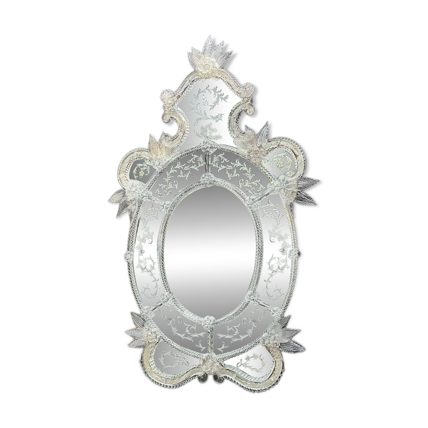 Miroir vénitien en verre de Murano incolore, vers 1940