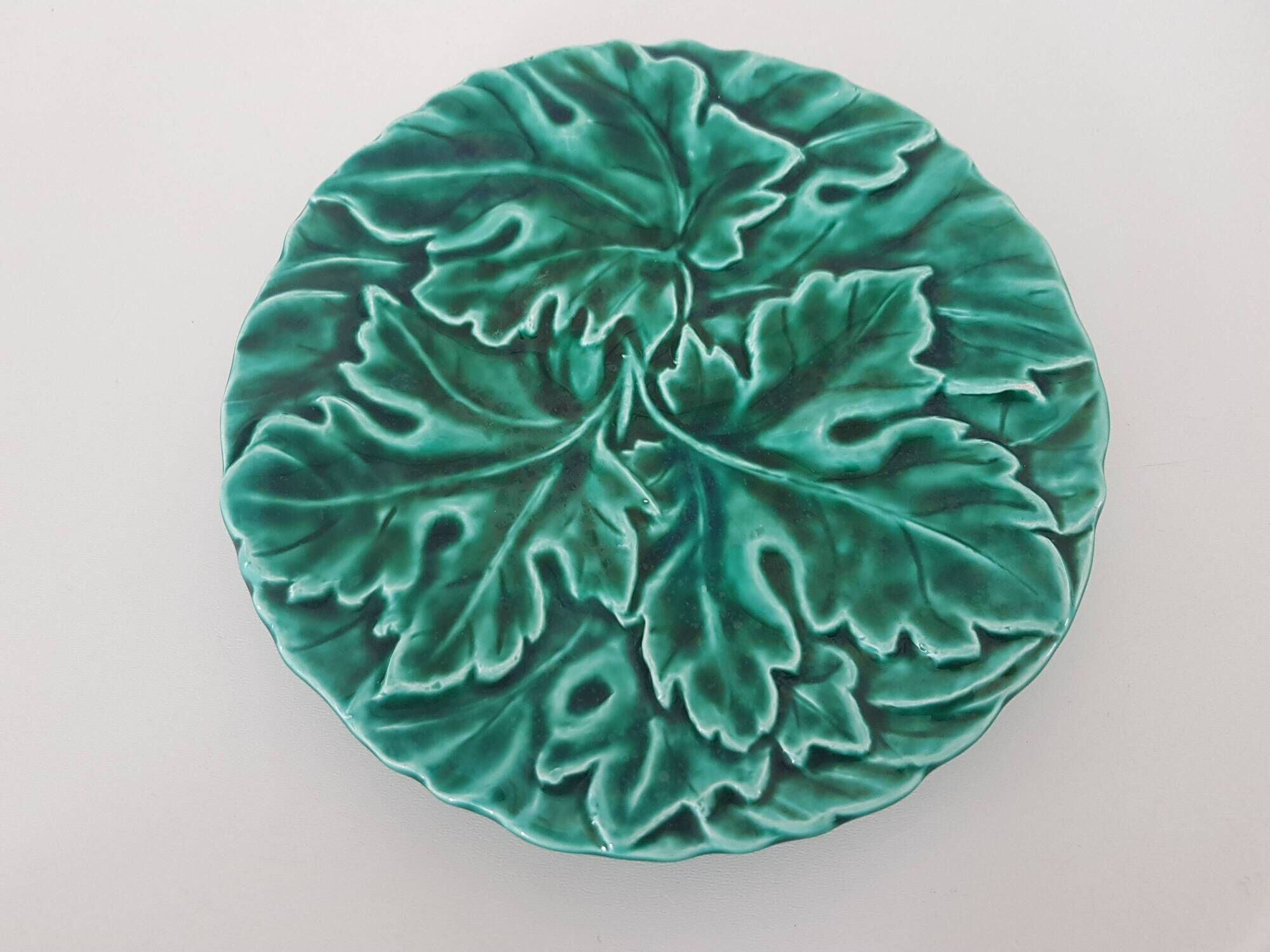 Set of 12 Green Majolica Leaf Plates Sarreguemines Digoin 1930