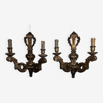 Pair of louis xvi style wall lights in gilded wood circa 1900