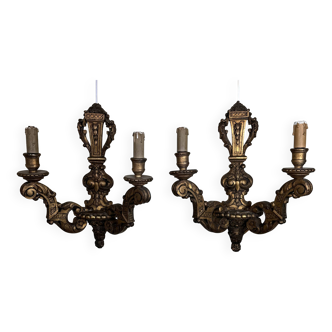 Pair of louis xvi style wall lights in gilded wood circa 1900