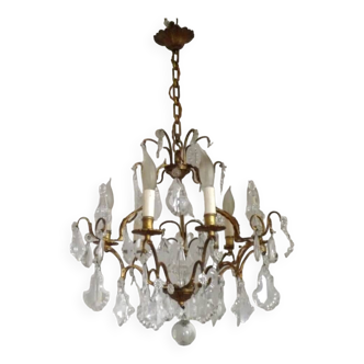 French Louis XV Gilt Bronze Glass & Crystal 6 Light 3 Sided Cage Chandelier 4702