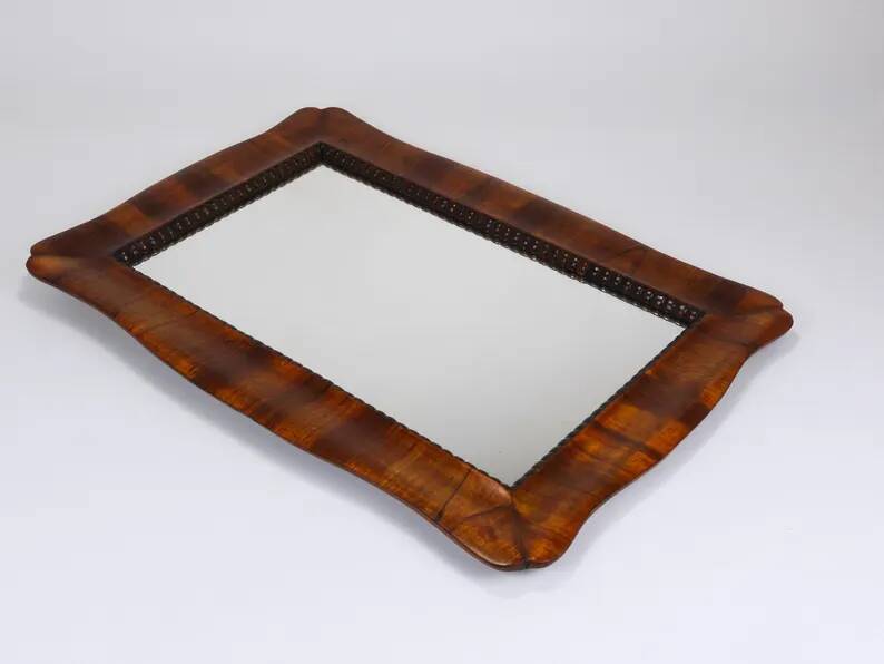 Square Biedermeier Carved & Scalloped Walnut Wall Mirror, Vienna, ca. 1850