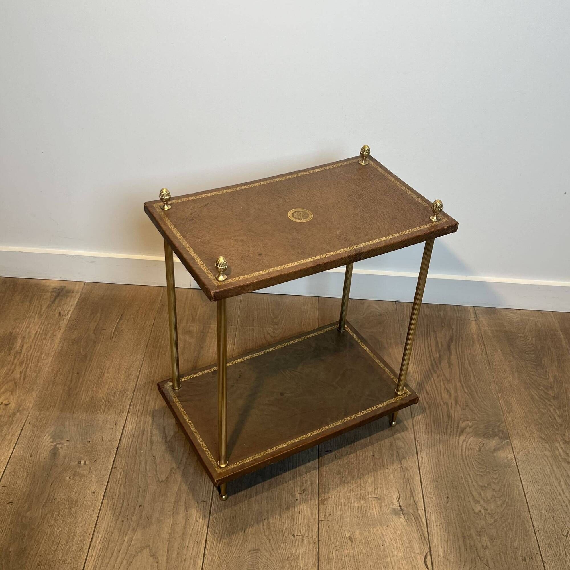 Double Tray Leather Sofa Table in Golden Tawny with Small Iron Details. Brass