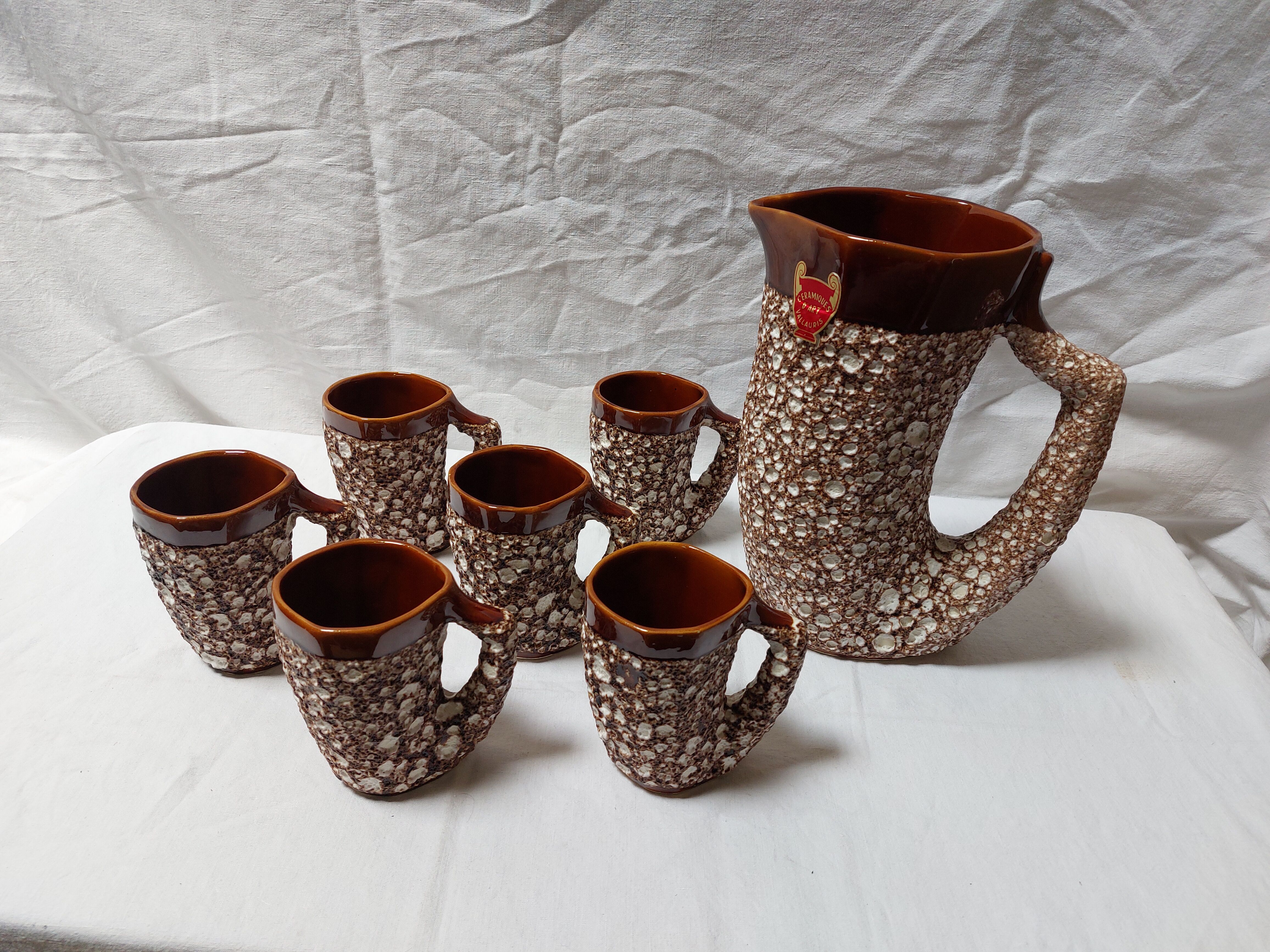 Vintage Vallauris orangeade service with 6 brutalist ceramic glasses.